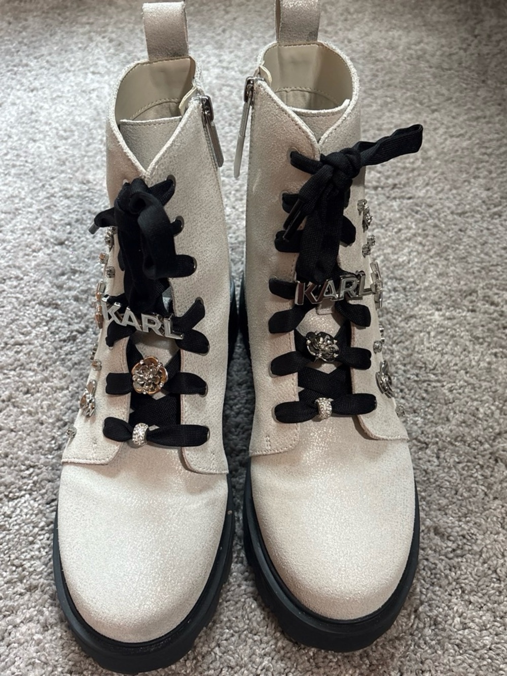 Karl Lagerfeld White Glitter Lace-Up Boots with Black Ribbon Laces